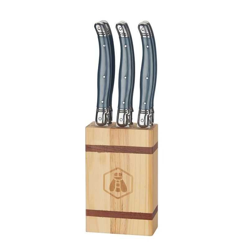 Bloc de 6 couteaux de table laguiole officiel pas cher en acier inoxydable, abs et pin